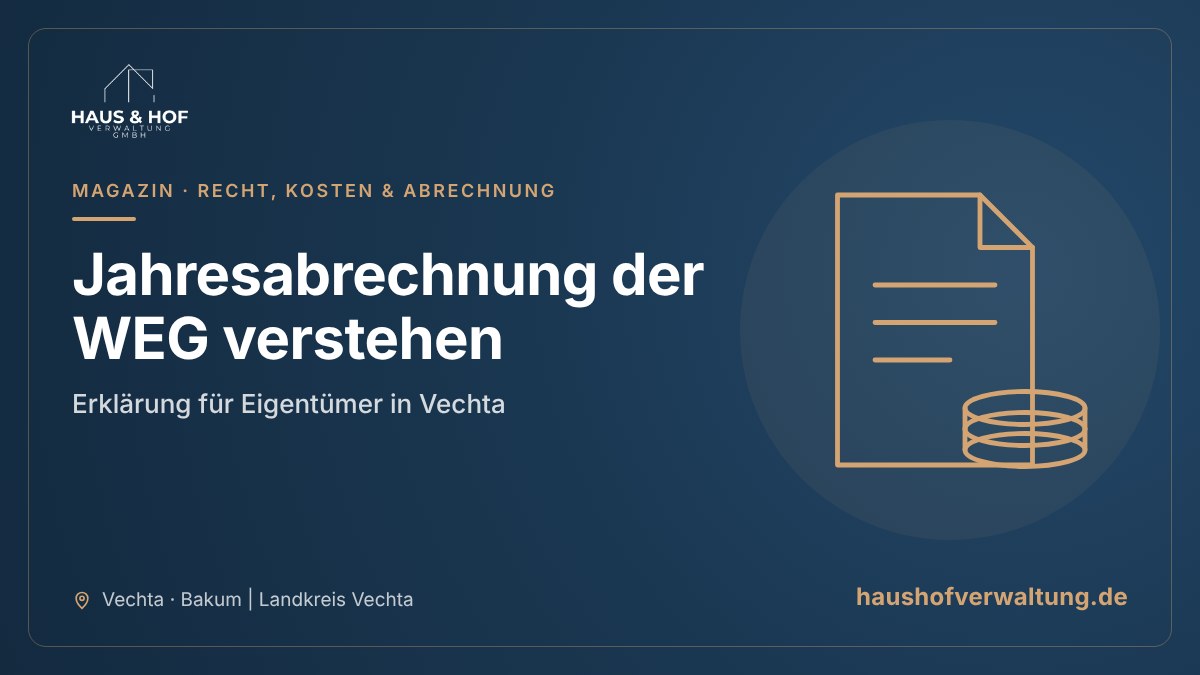 Titelgrafik der Haus & Hof Verwaltung zum Beitrag „Jahresabrechnung der WEG verstehen: Erklärung für Eigentümer in Vechta“